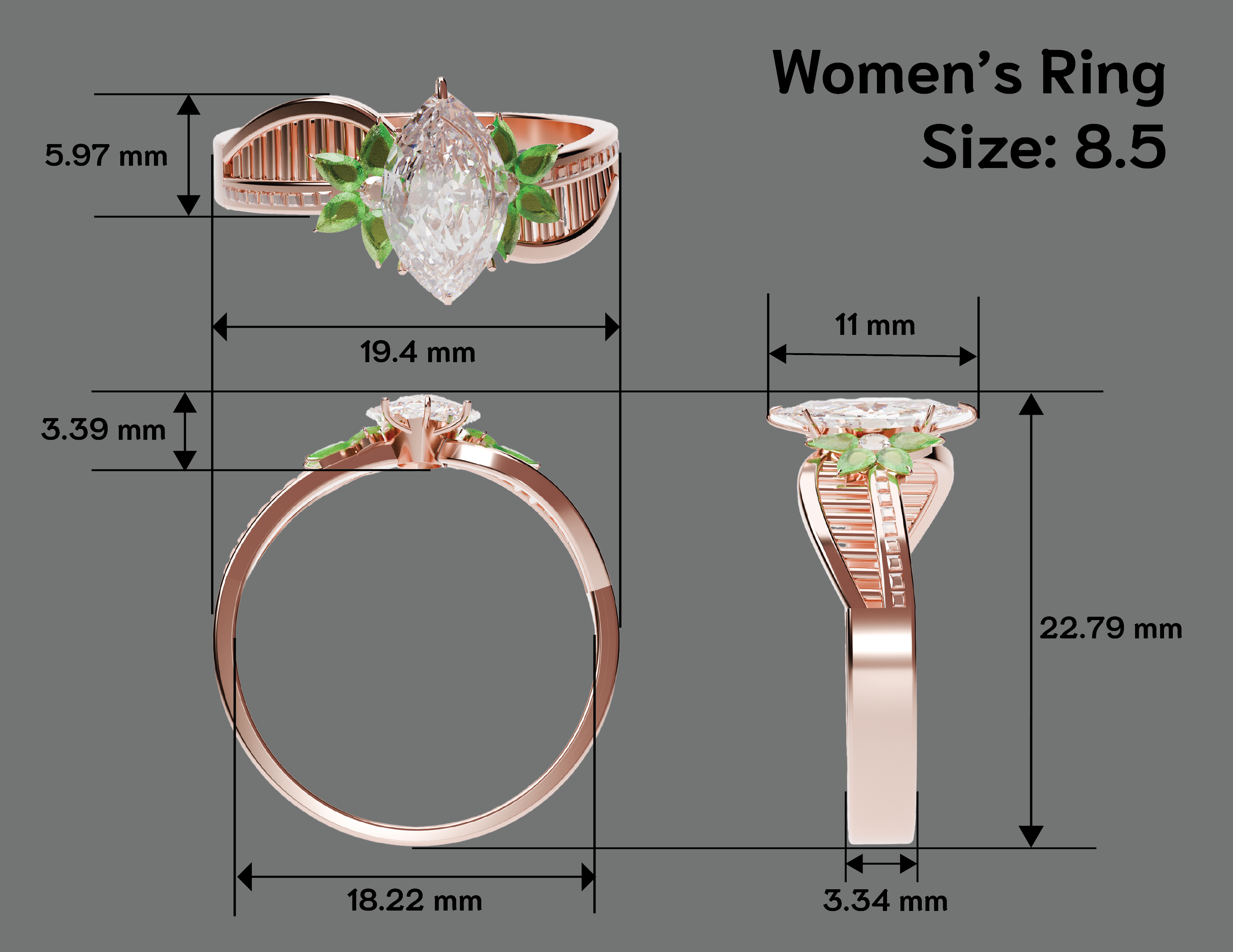 Women's ring dimensional drawings — size 8.5